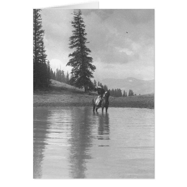 Cowboy on a horse standing in a pond drinking from (Front)