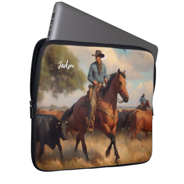 Cowboy  on Bay Horse and Cattle Laptop Sleeve (Front Right)