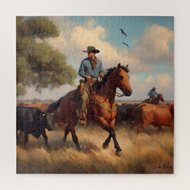 Cowboy on Bay Horse Jigsaw Puzzle (Vertical)