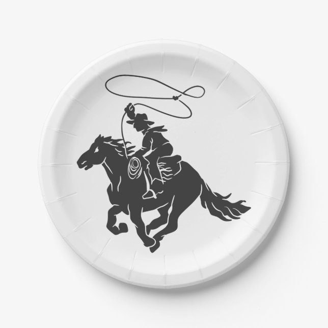 Cowboy on bucking horse running with lasso paper plate (Front)