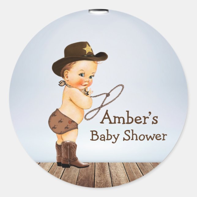 Cowboy On His Way Baby Shower  Classic Round Sticker (Front)