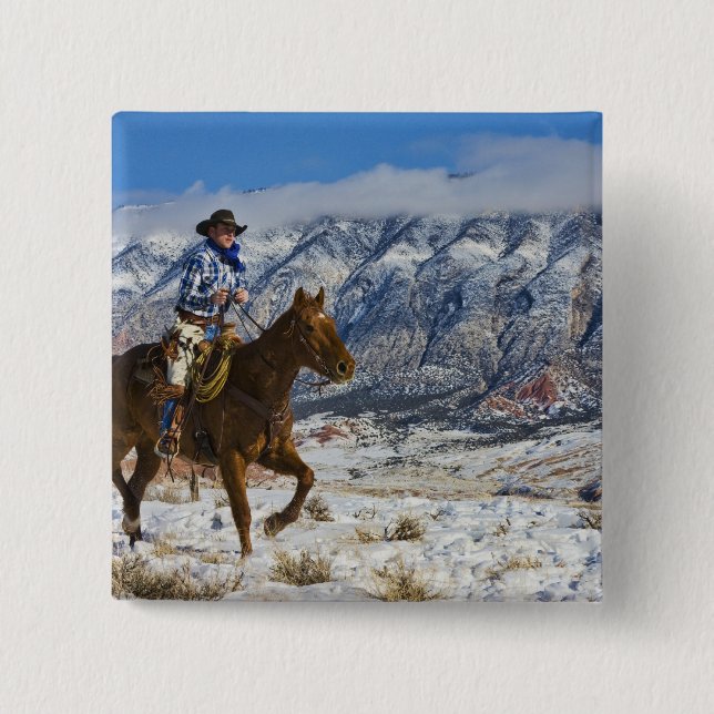 Cowboy on Horse wearing Leather Chaps 15 Cm Square Badge (Front)