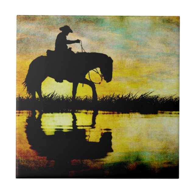 Cowboy on Horseback at Sunset. Tile (Front)