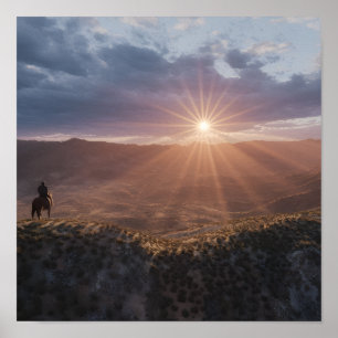 Cowboy on Horseback at Sunset, Western Desert  Poster