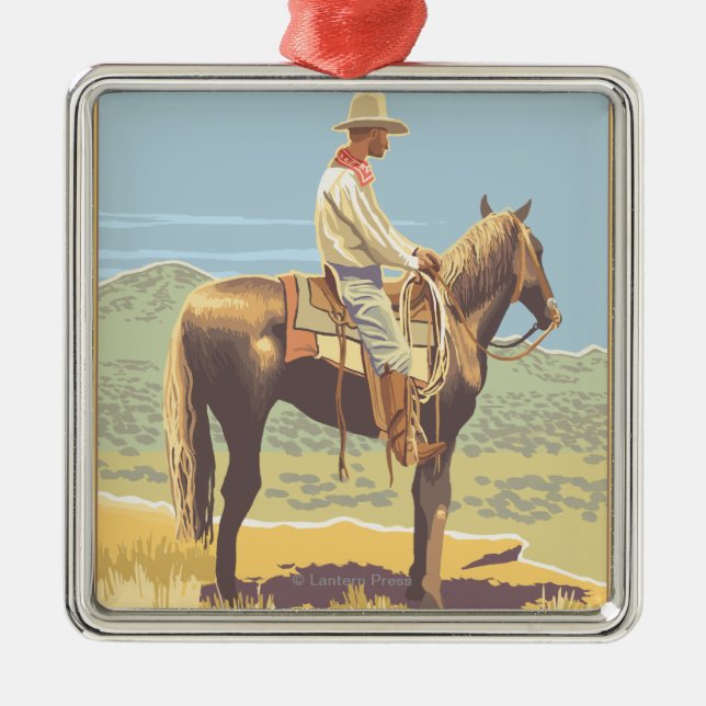 Cowboy on Horseback - Glacier National Park, Metal Tree Decoration (Front)