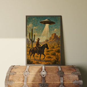 Cowboy On Horseback UFO Encounter Wall Art Poster