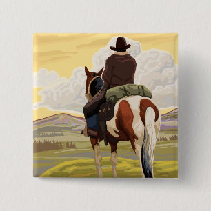 Cowboy on Horseback Vintage Travel Poster 15 Cm Square Badge