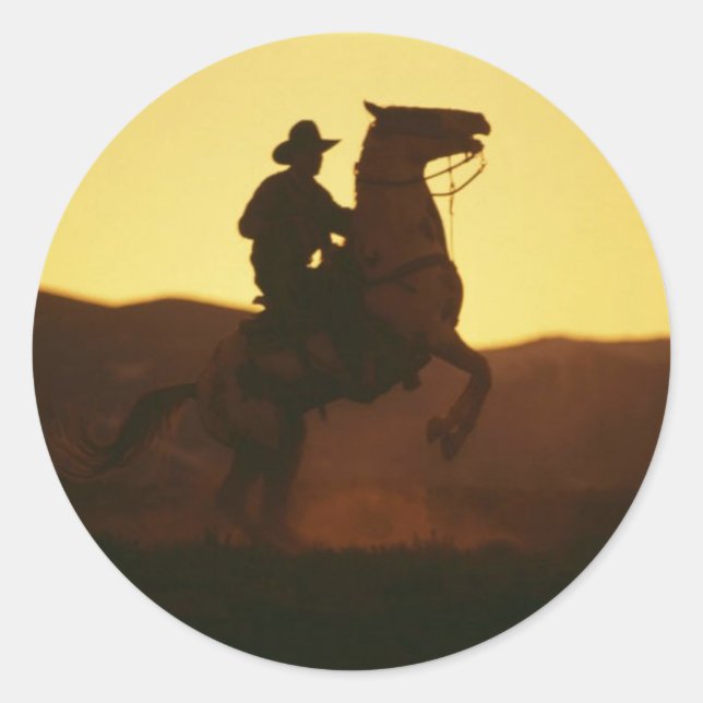 Cowboy on Rearing Horse Classic Round Sticker (Front)