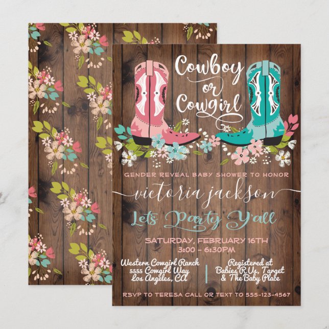 Cowboy or Cowgirl Baby Shower Gender Reveal Invita Invitation (Front/Back)