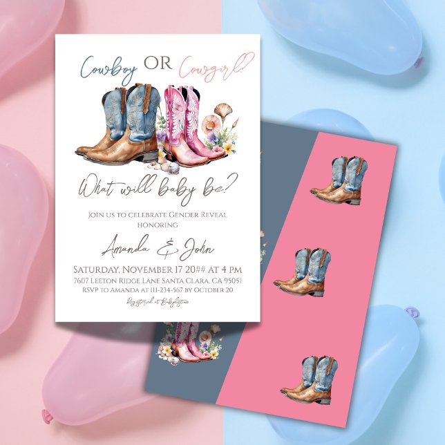 Cowboy or Cowgirl Boots Blue Pink Gender Reveal Invitation (Creator Uploaded)