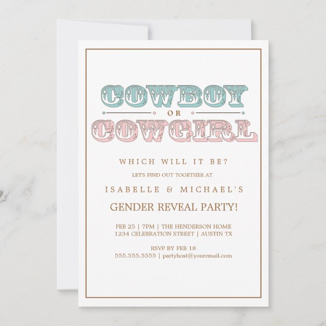 Cowboy or Cowgirl Country Baby Gender Reveal Party Invitation (Front)