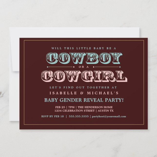 Cowboy or Cowgirl Country Baby Gender Reveal Party Invitation (Front)