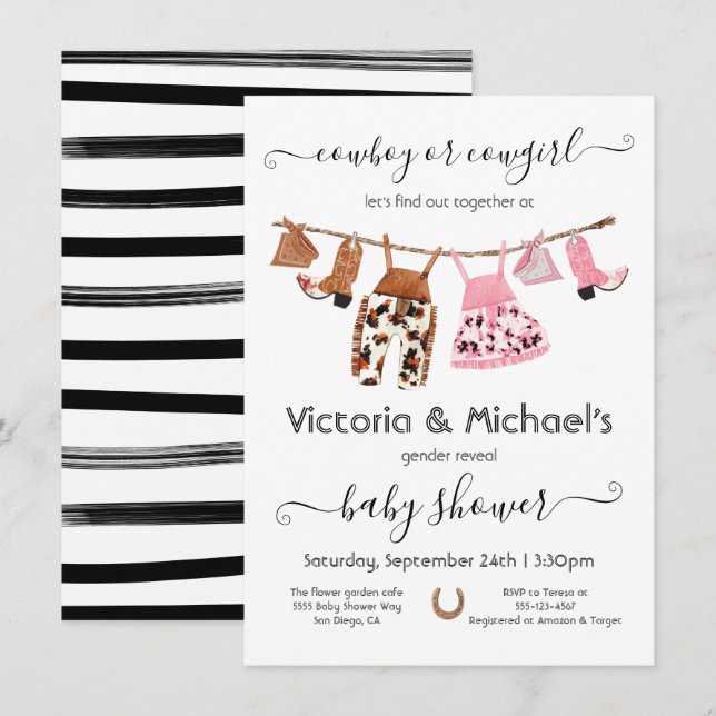 Cowboy or Cowgirl Reveal Clothesline Baby Shower Invitation (Front/Back)