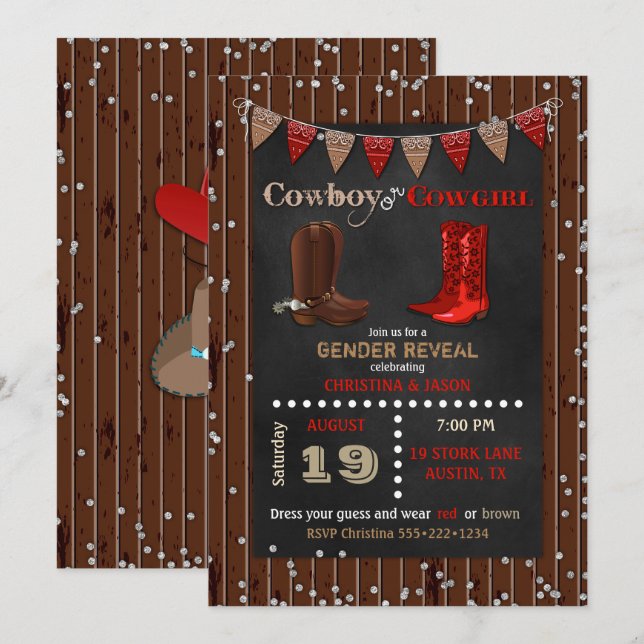 Cowboy or Cowgirl Western Gender Reveal Red Brown Invitation (Front/Back)