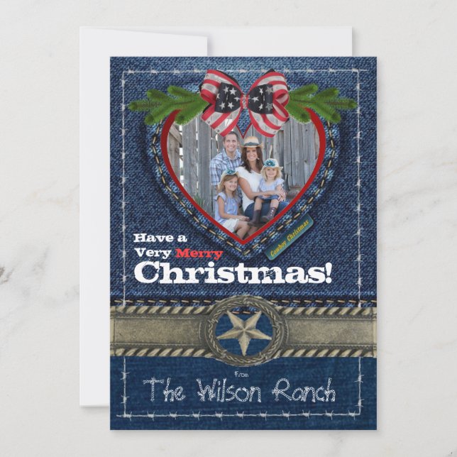 Cowboy Photo Christmas Card on Denim Print (Front)