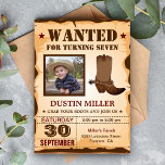 Cowboy Photo Wanted Poster Birthday Party Invitation<br><div class="desc">Amaze your guests with this cowboy theme birthday party invite featuring a rustic wanted poster design with western elements and eye-catching typography on a vintage parchment background. Simply add your event details on this easy-to-use template and adorn this card with your child's favorite photo to make it a one-of-a-kind invitation....</div>