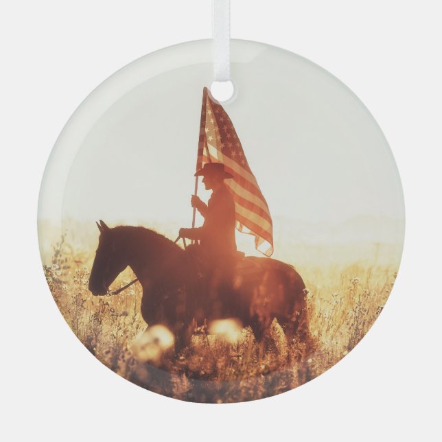 Cowboy Portrait USA Flag Theme. Glass Tree Decoration (Front)