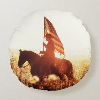 Cowboy Portrait USA Flag Theme. Round Cushion