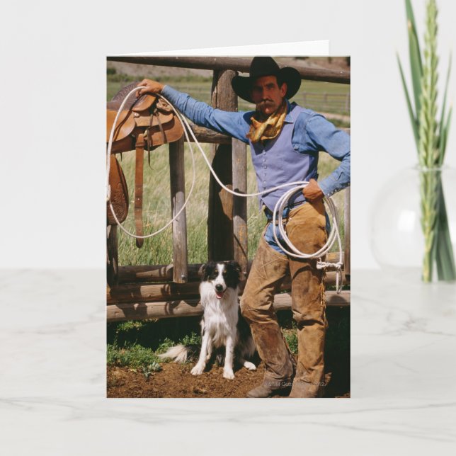 Cowboy posing with lasso and pet dog card (Front)