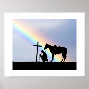 Cowboy Prayer Silhouette With Rainbow Poster