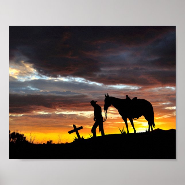 Cowboy Prayer Silhouette With Sunset Poster (Front)