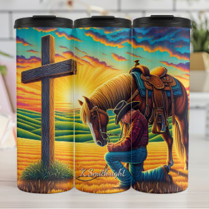 Cowboy Praying Horse Cross Sunset Thermal Tumbler