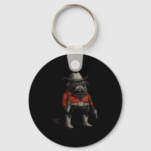 Cowboy Pug Dog Funny Western Outfit Red Pug Cowboy Key Ring