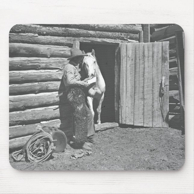 Cowboy reading a letter mouse mat (Front)