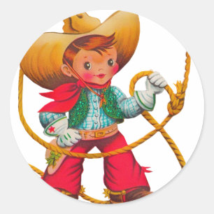 Cowboy Retro Boy Child Cute Western Classic Round Sticker