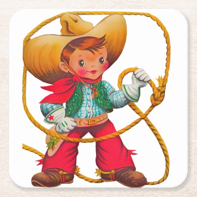 Cowboy Retro Boy Child Cute Western Square Paper Coaster (Front)
