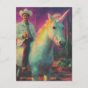 Cowboy Rides a Unicorn in the Desert Surreal Art Postcard