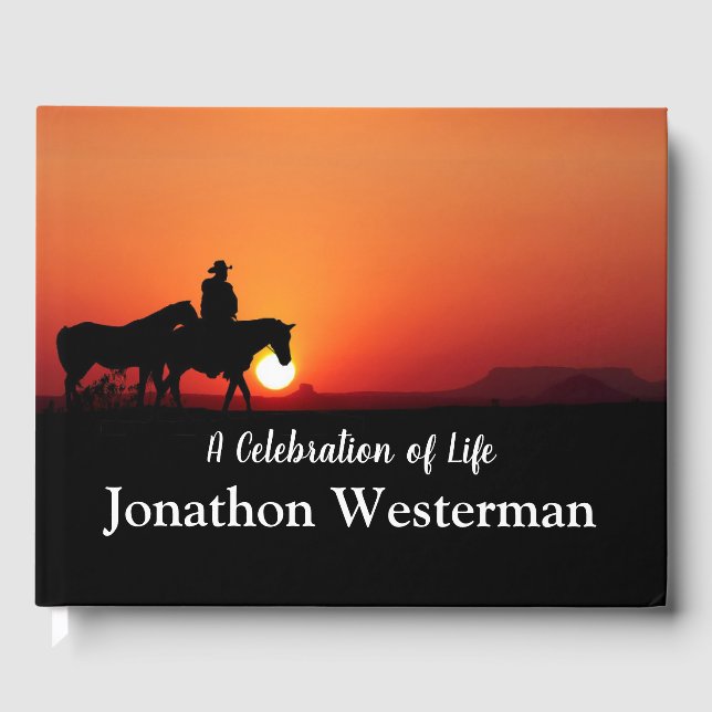 Cowboy Rides Horse at Sunset Celebration of Life Guest Book (Front)