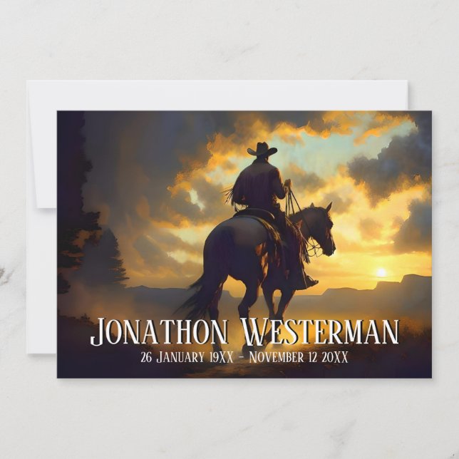 Cowboy Rides Horse at Sunset Celebration of Life Invitation (Front)