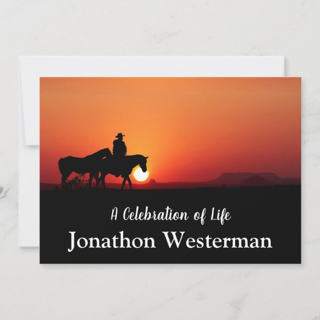 Cowboy Rides Horse at Sunset Celebration of Life  Invitation (Front)