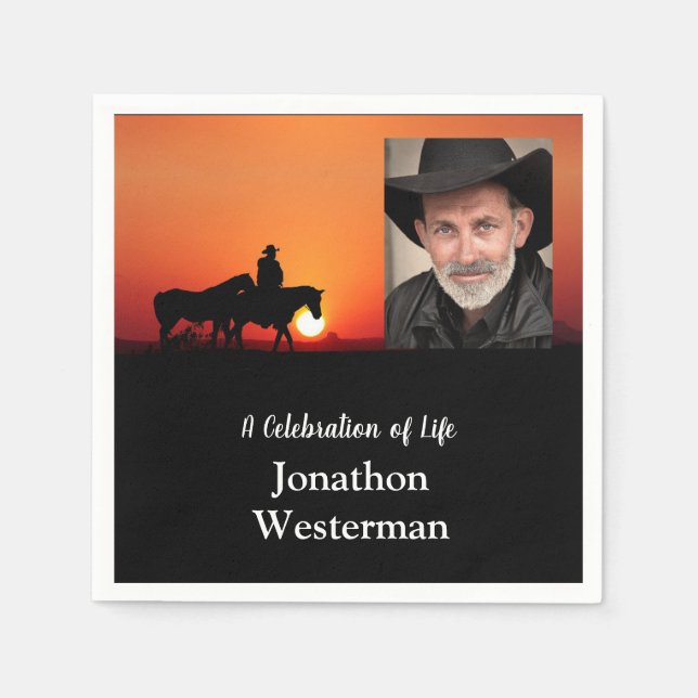 Cowboy Rides Horse at Sunset Celebration of Life  Napkin (Front)