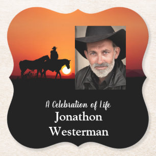 Cowboy Rides Horse at Sunset Celebration of Life P Paper Coaster