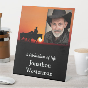 Cowboy Rides Horse at Sunset Celebration of Life  Pedestal Sign