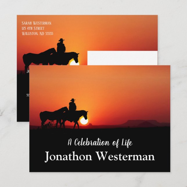 Cowboy Rides Horse at Sunset Celebration of Life   Postcard (Front/Back)