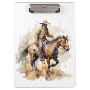 cowboy riding a brown horse in watercolor clipboard