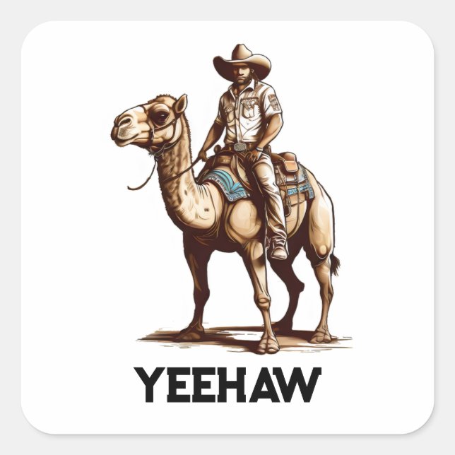 Cowboy riding a camel square sticker (Front)