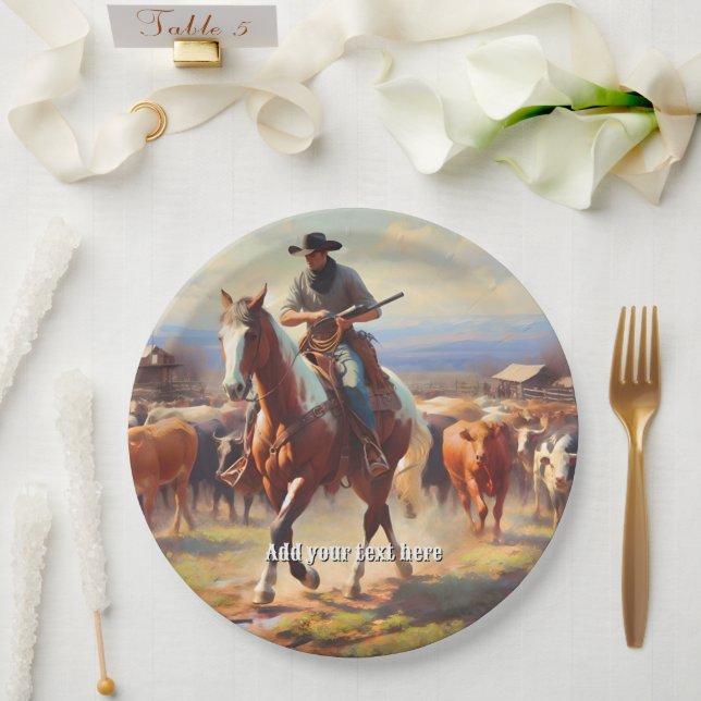 Cowboy Riding a Paint Horse Paper Plate (Wedding)