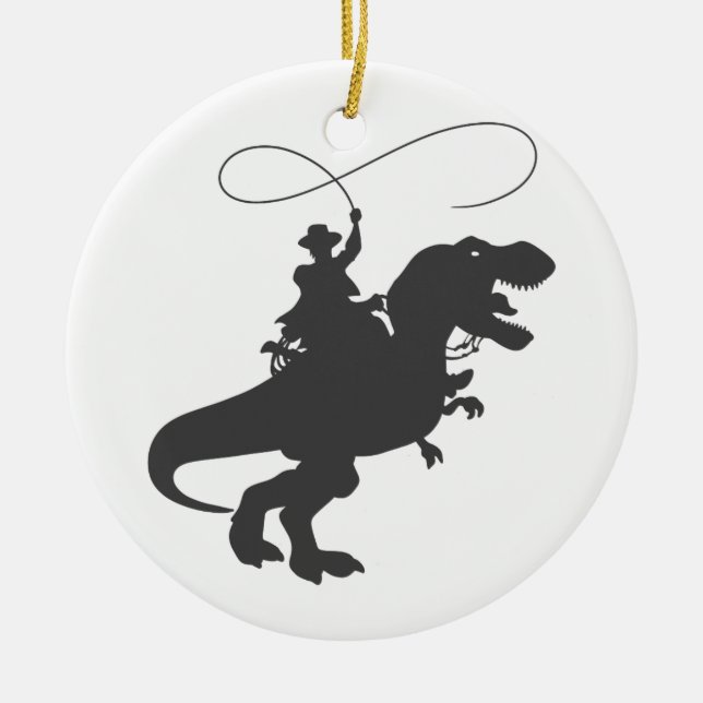 Cowboy riding dinosaur in the prehistoric era ceramic tree decoration (Front)
