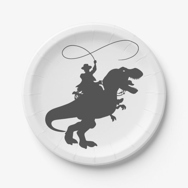 Cowboy riding dinosaur in the prehistoric era paper plate (Front)