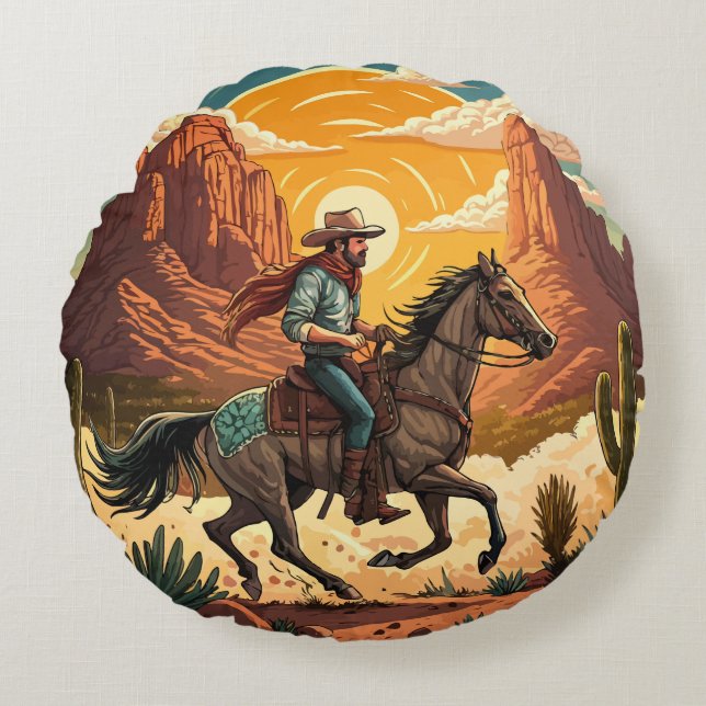 Cowboy Riding Horse at Sunset Round Cushion (Front)