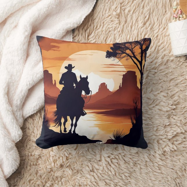 Cowboy Riding Horse in Desert at Sunrise  Cushion (Blanket)