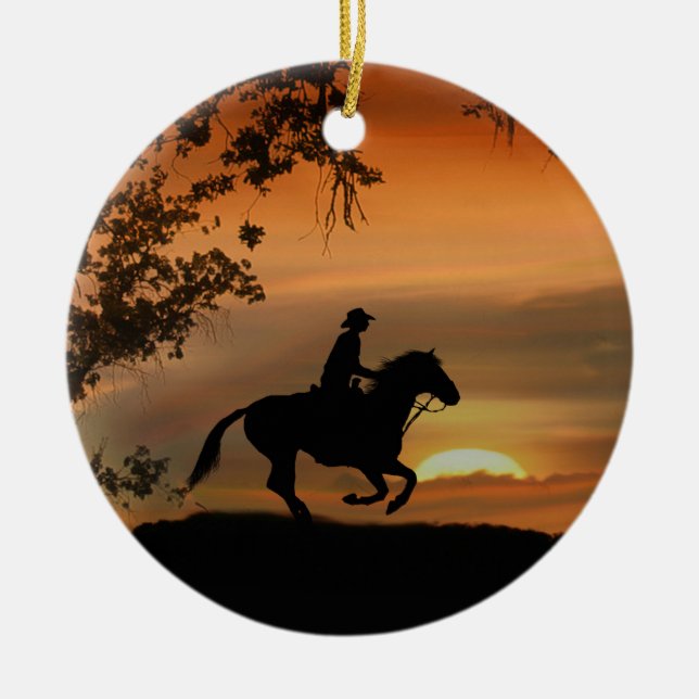 Cowboy Riding Horse in the Sunset Ceramic Tree Decoration (Front)