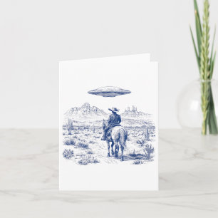 Cowboy Riding Horse Ufo Above Desert Cactus Wester Card