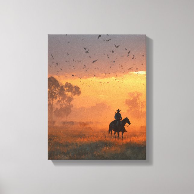 Cowboy Riding Into Fiery Sunset Art Canvas Print (Front)
