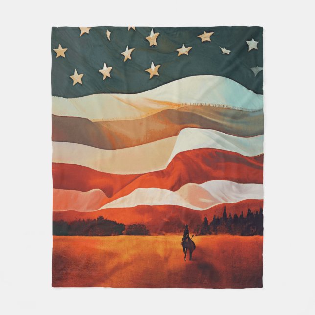Cowboy Riding into Flag Sunset Fleece Blanket (Front)