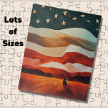 Cowboy Riding into Flag Sunset Jigsaw Puzzle<br><div class="desc">Cowboy Riding into Flag Sunset - see this design on other products in my store</div>